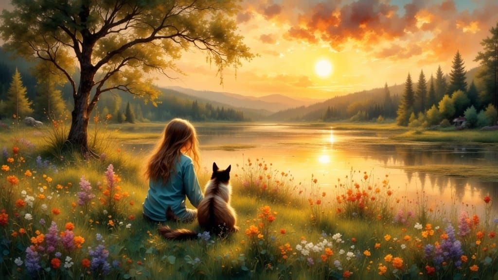 Girl and Siamese Cat Watch Sunset Over Village