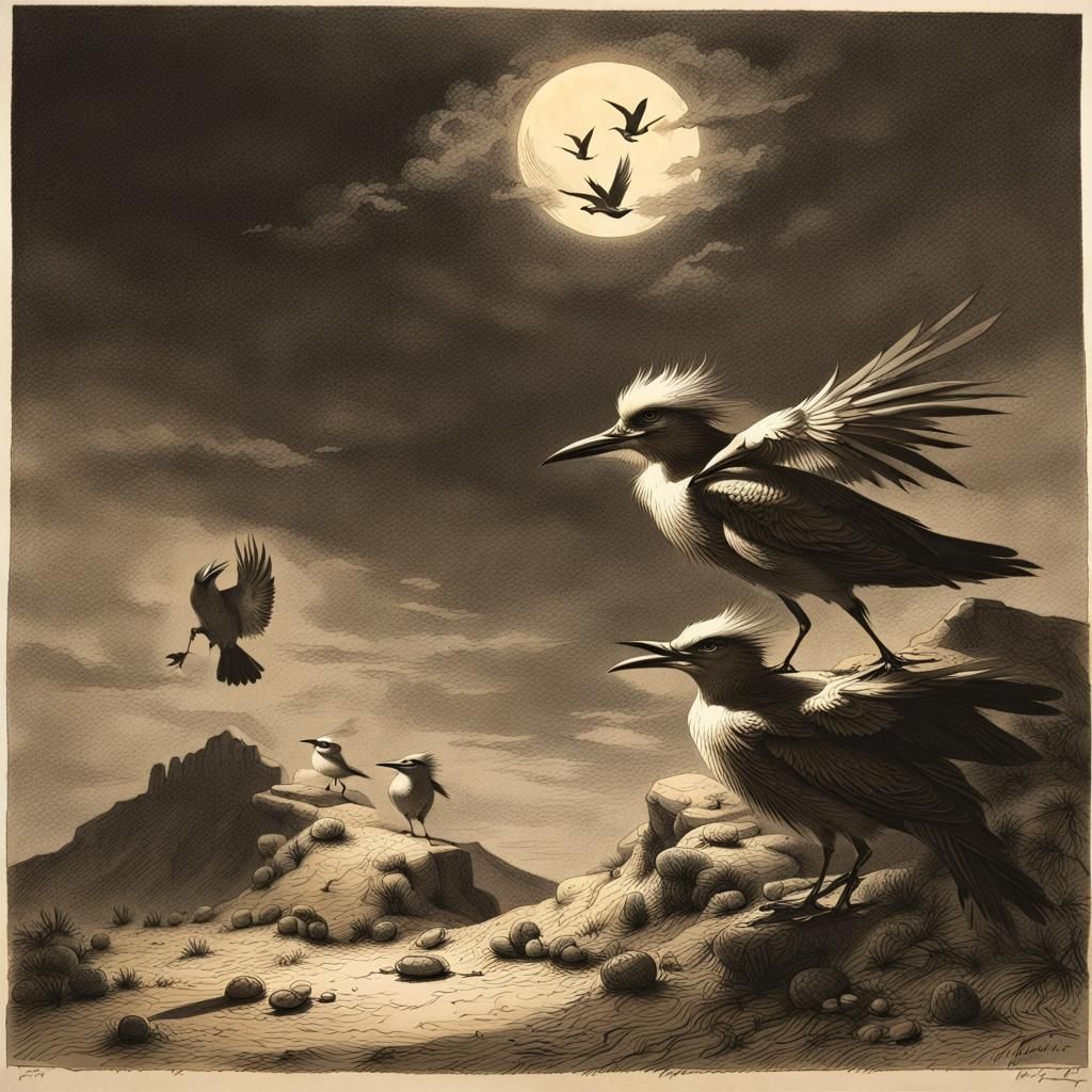 Desert Pirate Birds Under Moonlight, Lithograph Style