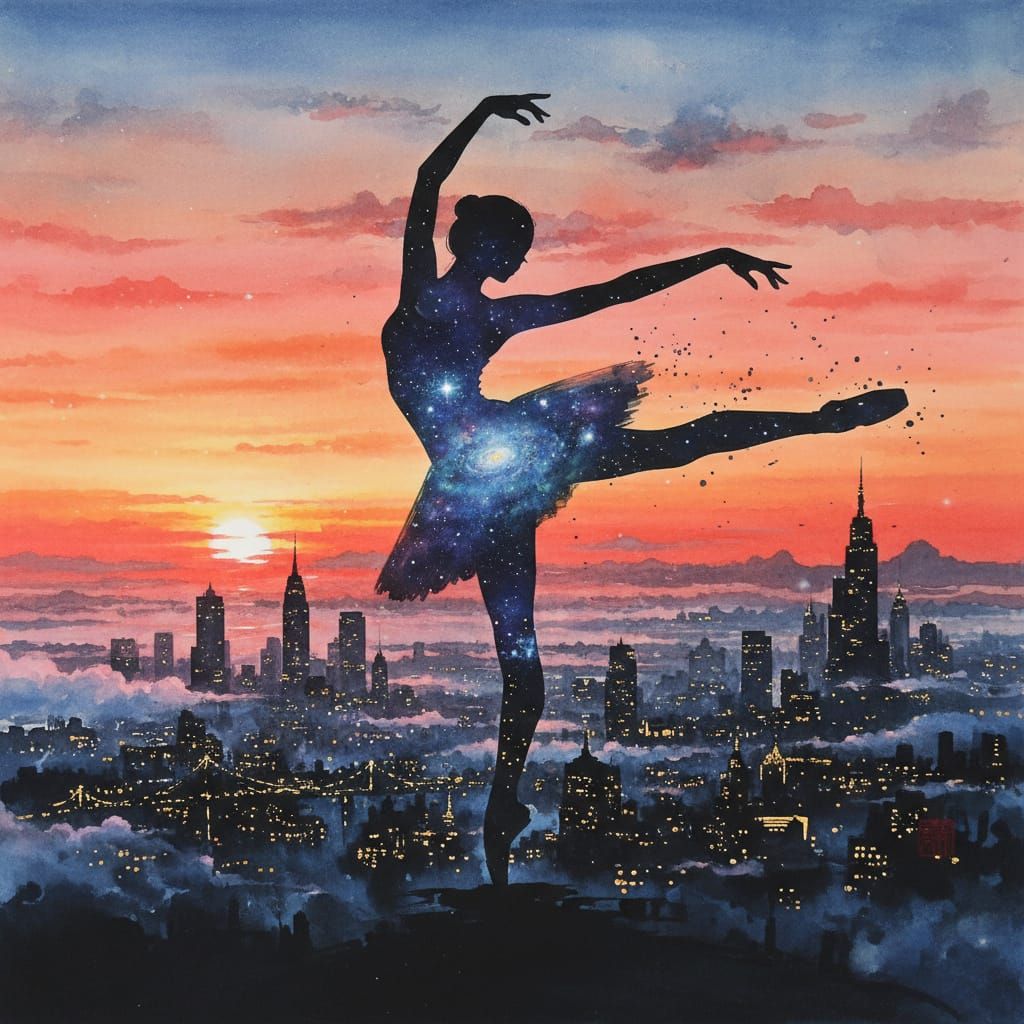 Ballerina Silhouette Over Cityscape in Ink Wash Style