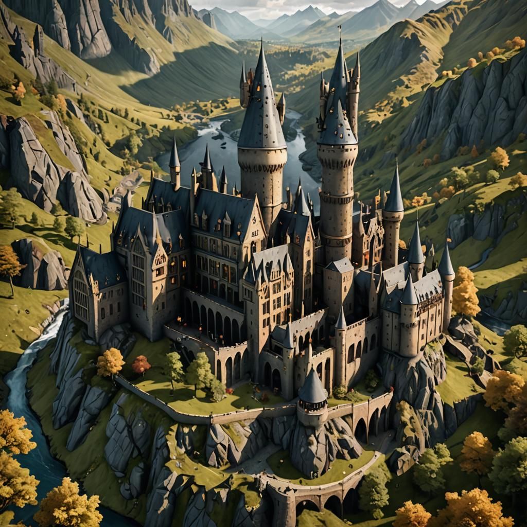 Hogwarts-Inspired Castle in Rivendell Landscape