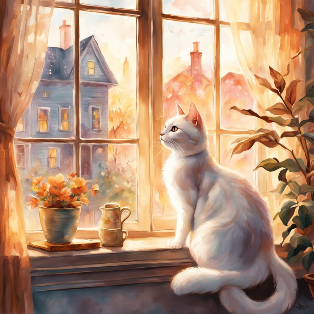Whimsical Ghostly Cat Watches Family in Cozy Living Room
