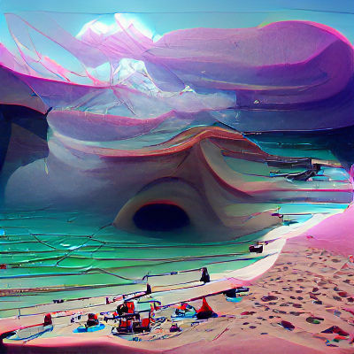 Otherworldly Beach Scene with Pastel Sky