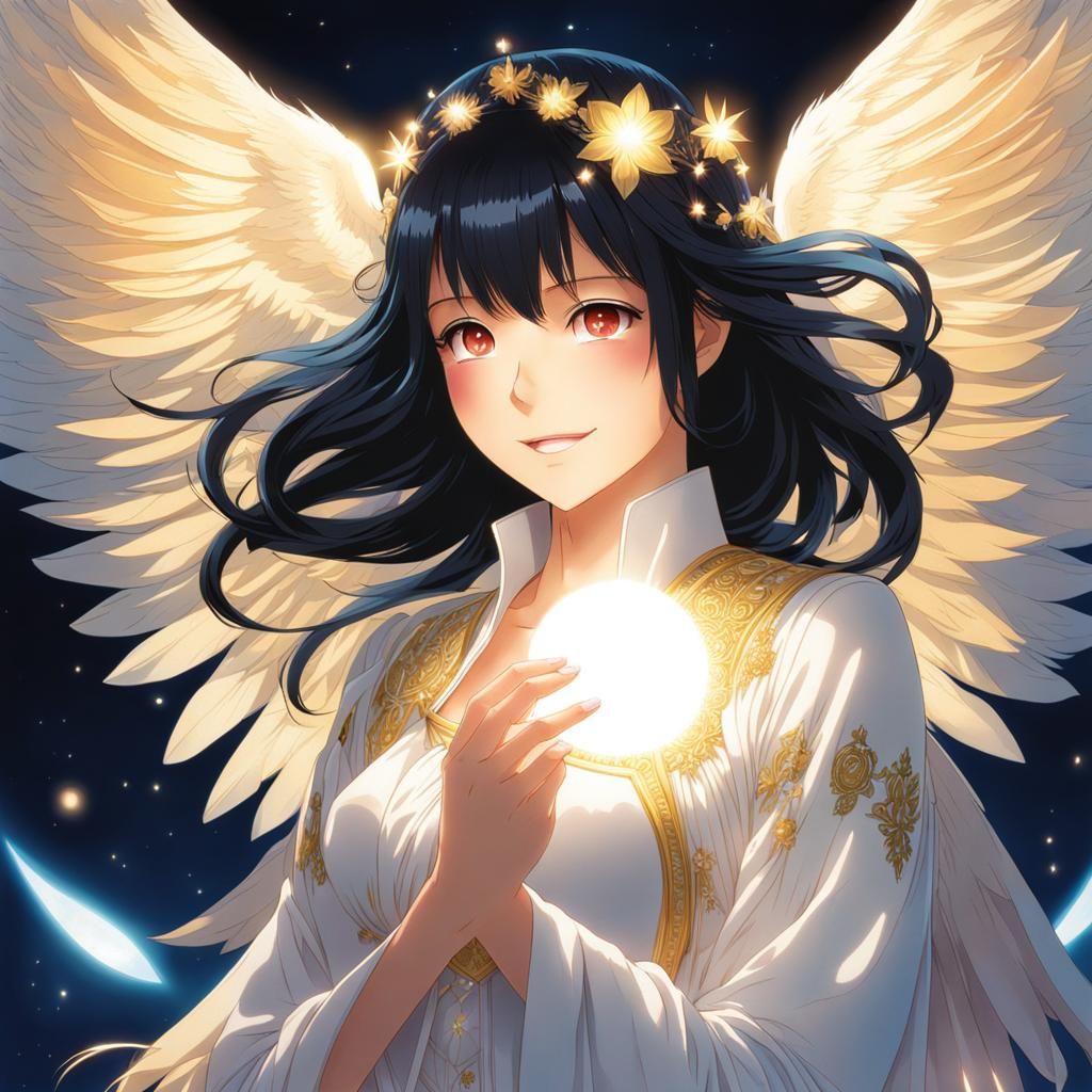 Smiling Angel Girl with Black Hair in Dreamcore Style