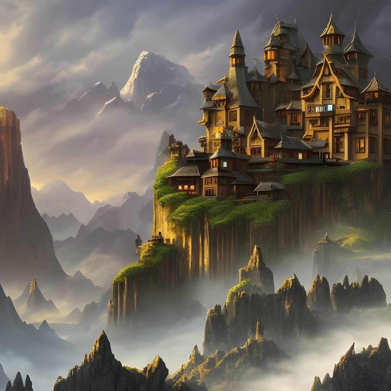 Mountains, Castle, sharp focus, Sharp contrast, high black point, Deep depth of field, sharp focus, cinematographic, d...