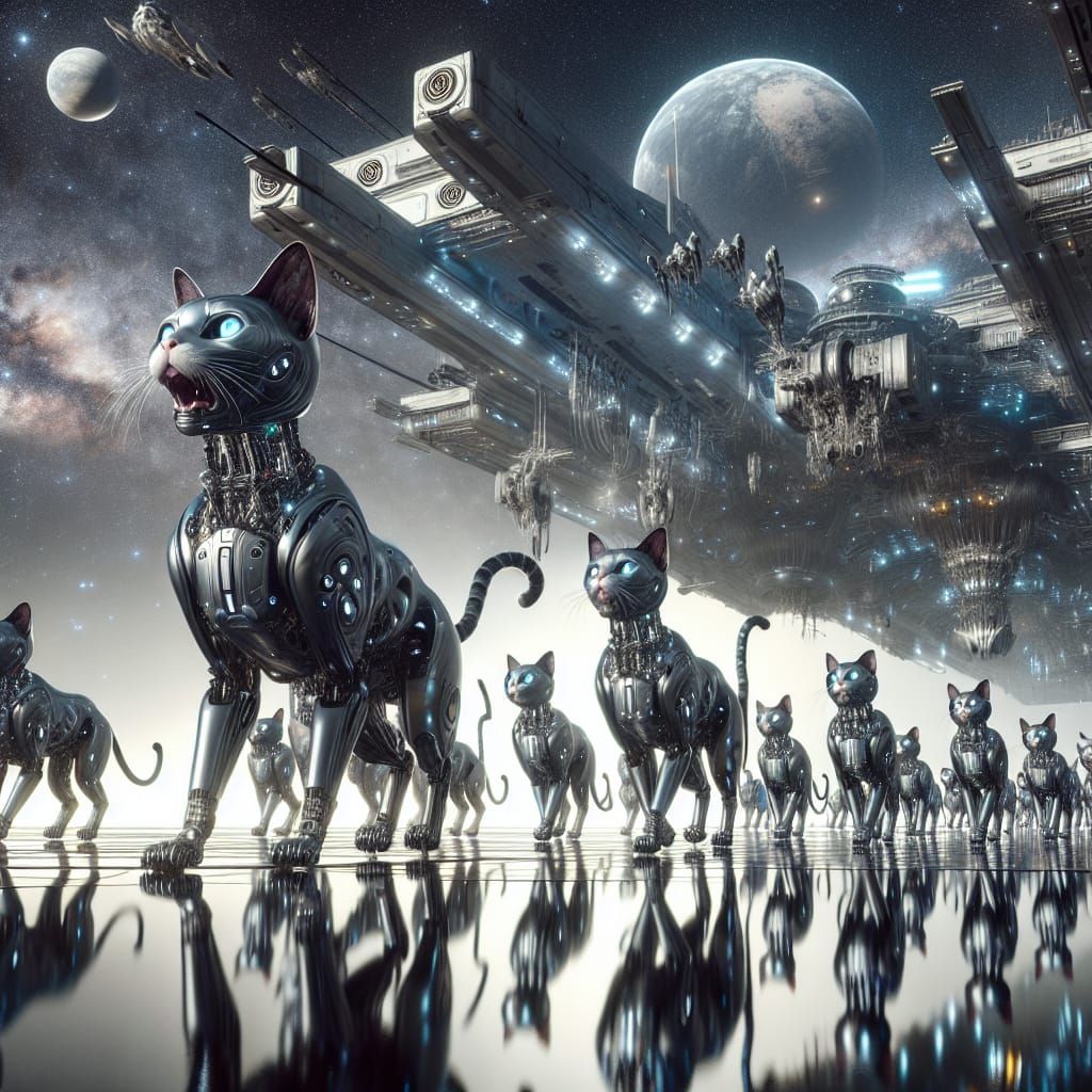 Robot Cats Marching to Spaceship in Spacecore Style
