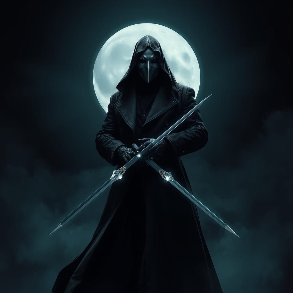 Dramatic Midnight Assassin with Swords in Gothic Style