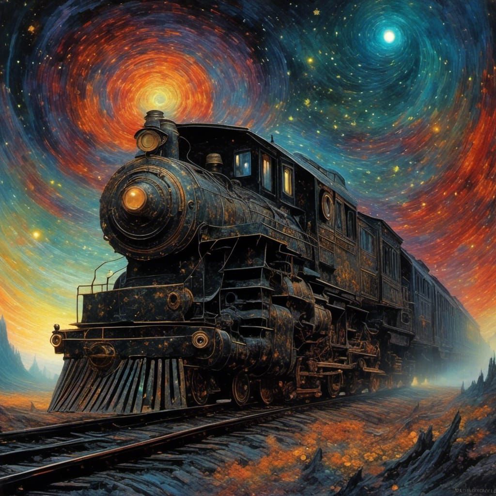 Psychedelic Train Speeds Through Iridescent Black Hole