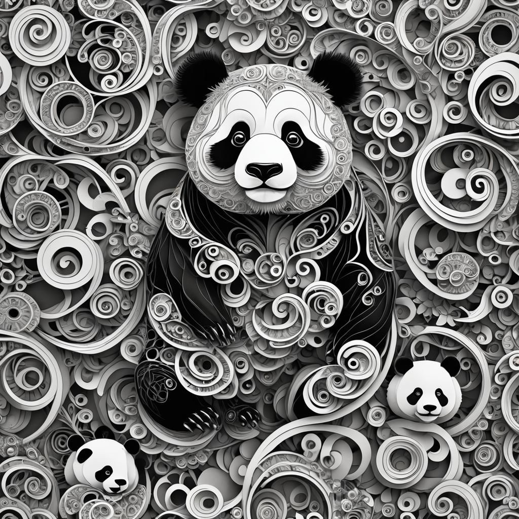 Panda Bar Scene with Abstract Fractal Elements