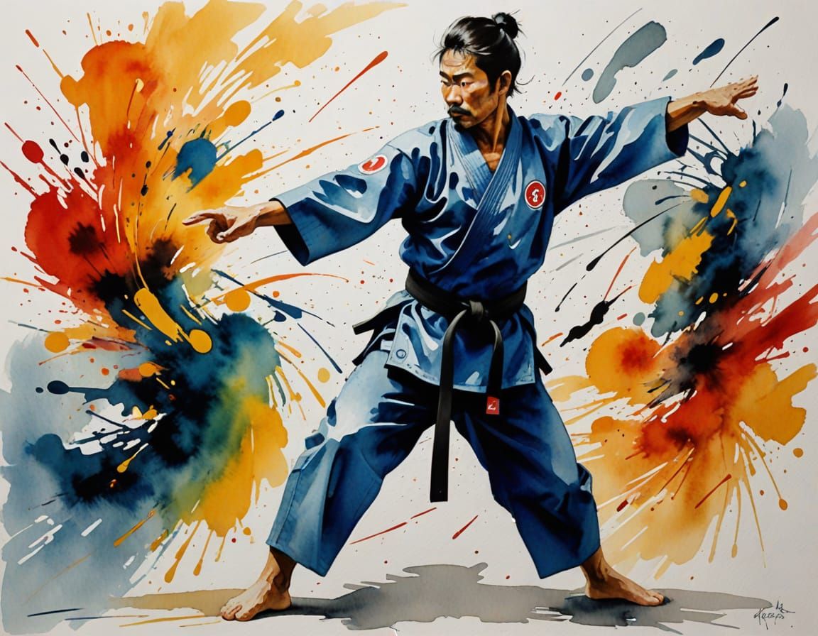 Abstract Watercolor Karate Master in Motion