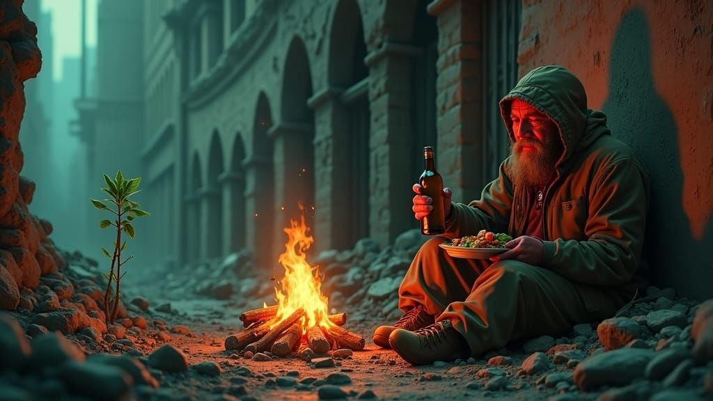 Hobo Finds Comfort Amidst Dystopian City Ruins