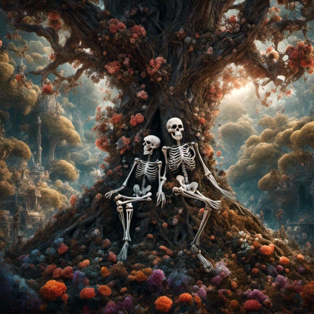 Skeletons in Vibrant Garden: Hyperreal Digital Painting