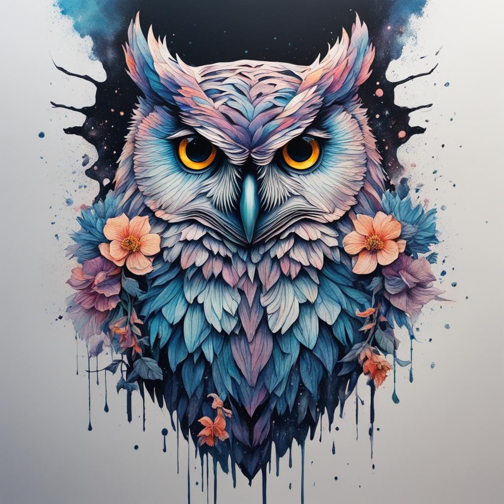 Double Exposure Owl with Aquilegias in Graffiti Art