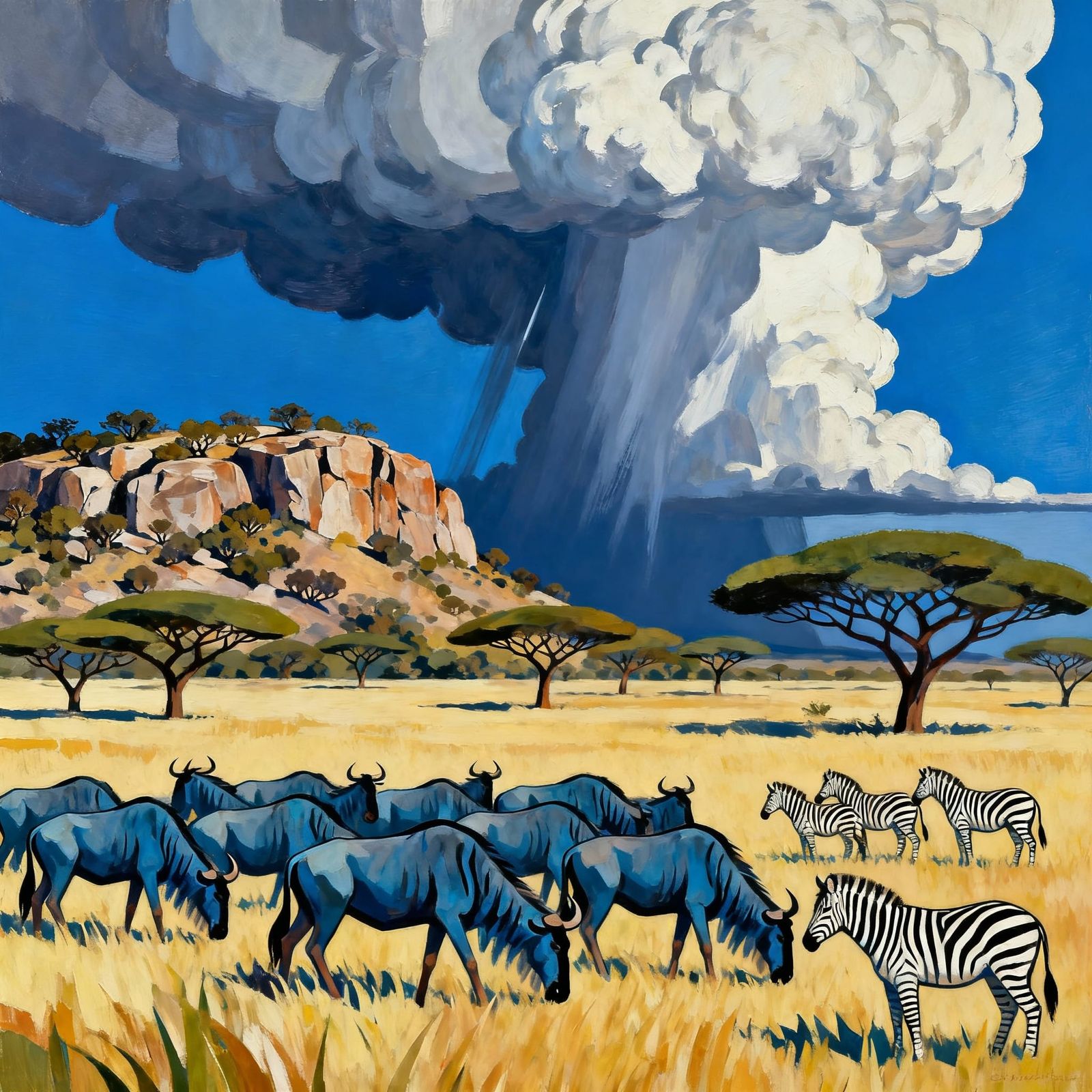 Wildebeest and Zebra Herd on African Savannah