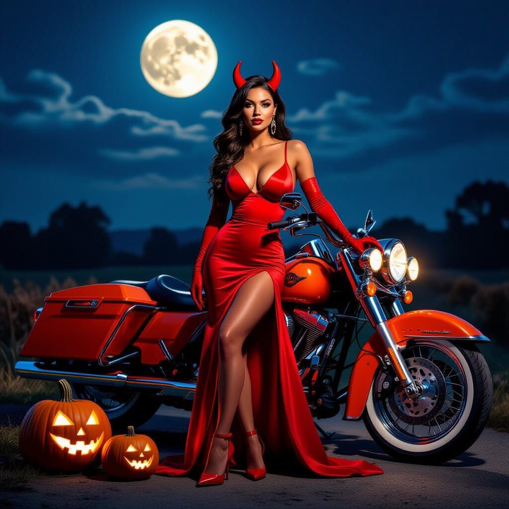 Glamorous Devil Woman Poses With Motorcycle at Night