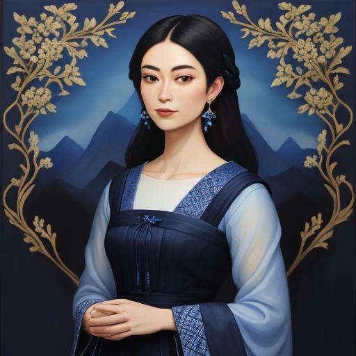 Woman in Indigo Gown: Dreamy Oil Painting