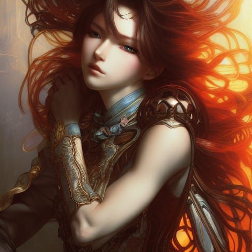 Hyper-Detailed Anime Portrait in Art Nouveau Style