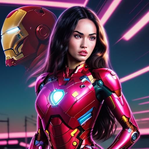 Iron Man, Megan Fox, and Child in Synthwave Style