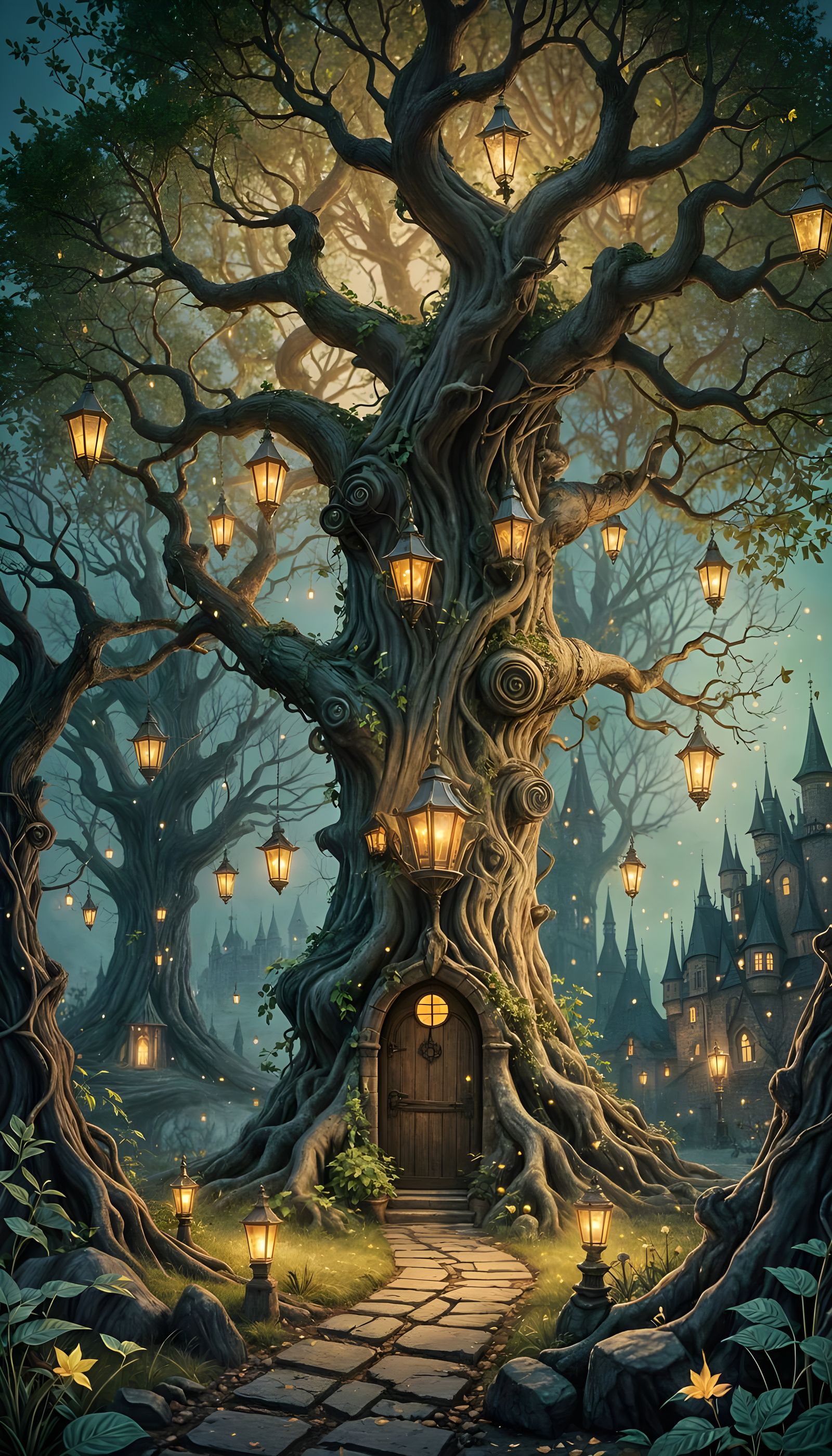 Enchanted Silver Tree in Whimsical Forest