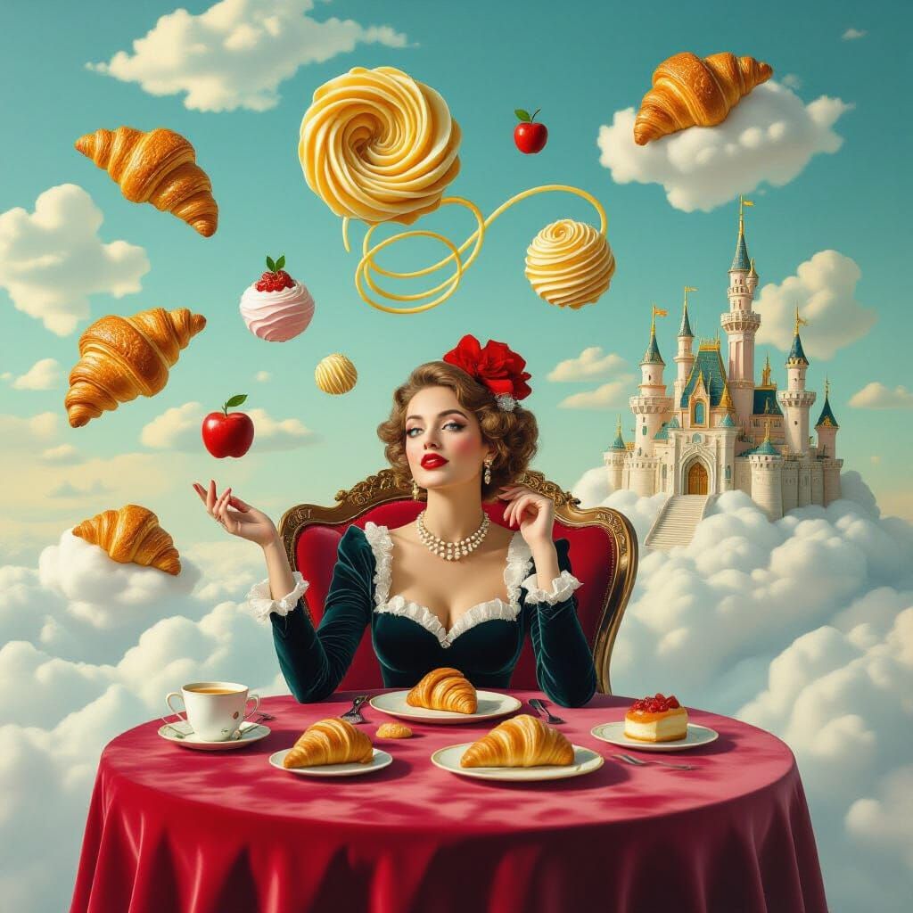 Dreamlike Surrealist Culinary Scene with Woman and Pastries