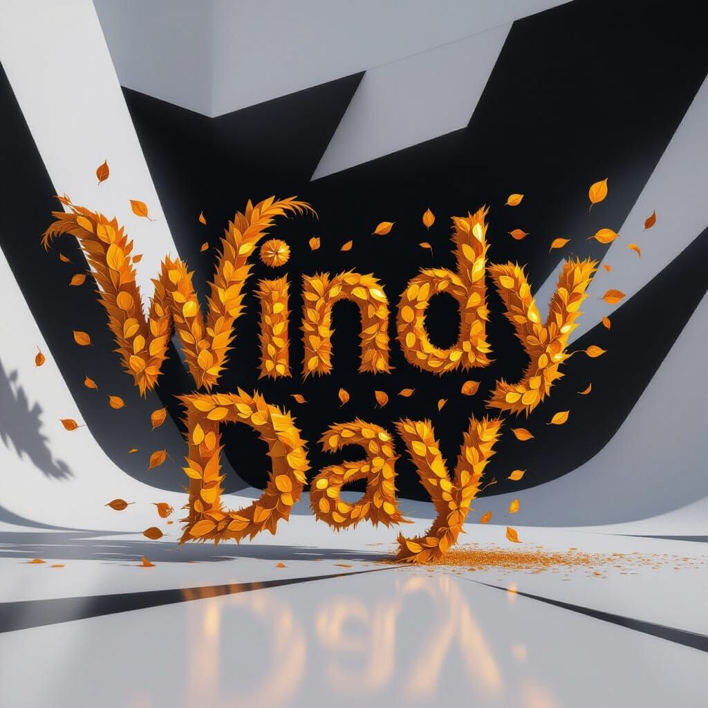 Futuristic Windy Day Text Art with Fluttering Leaves