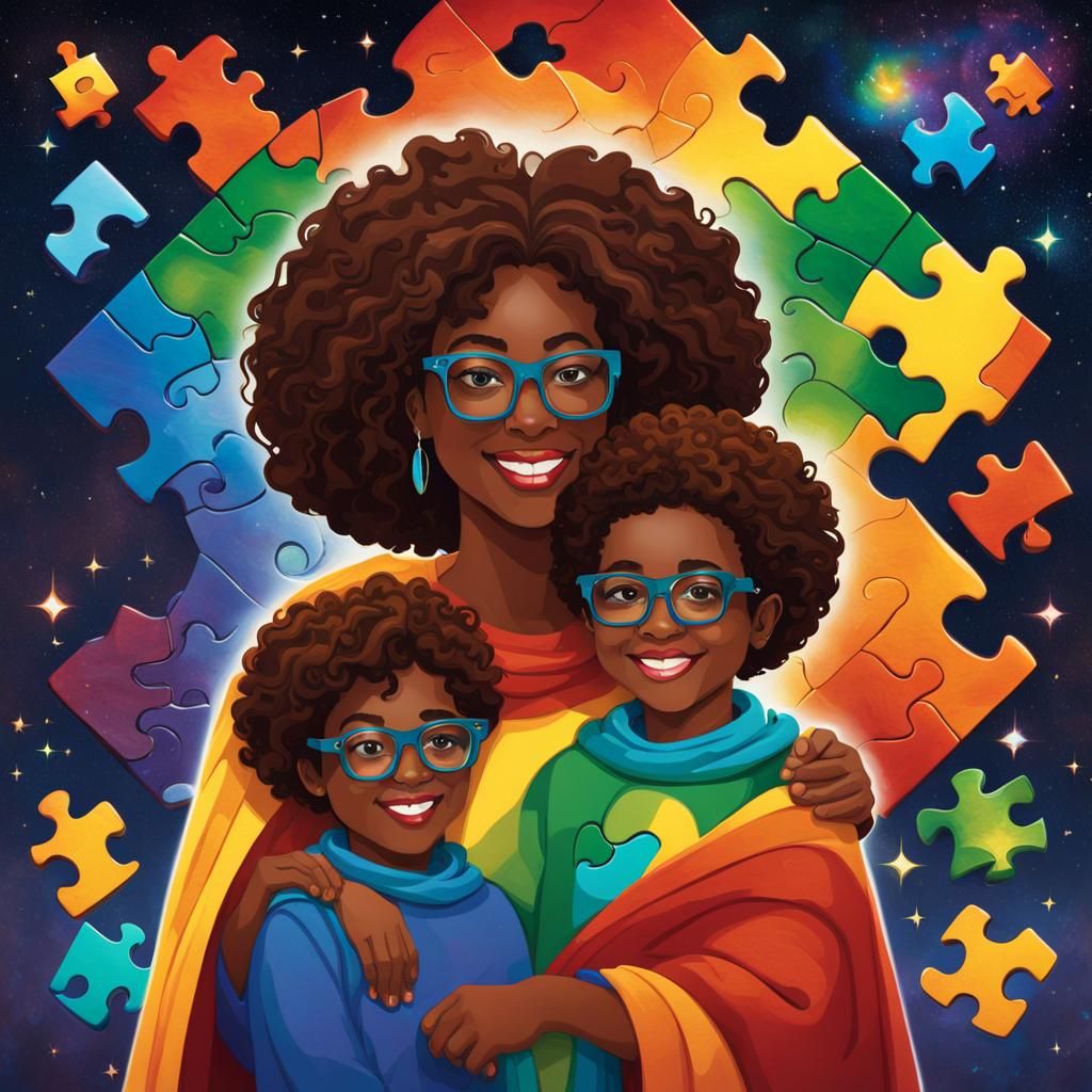 Mother and Son with Rainbow Space Puzzle Background