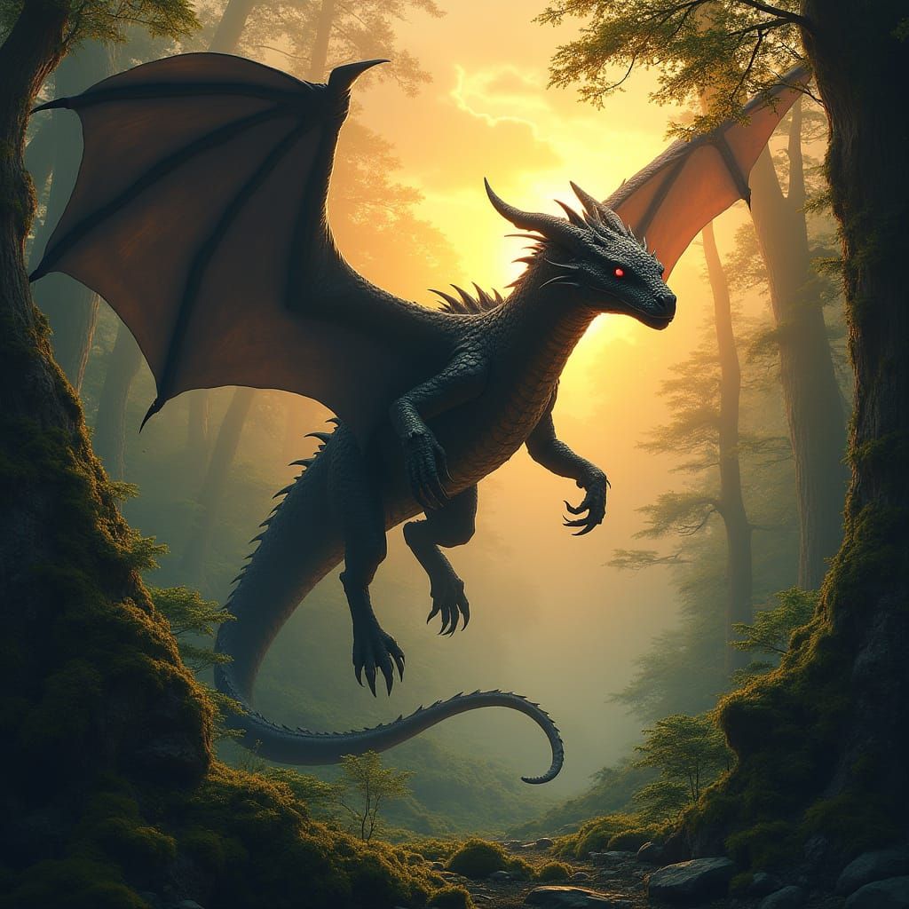 Black Dragon Soaring Over Ancient Forest
