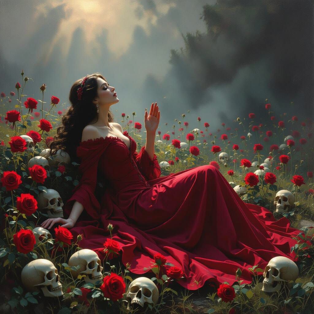 Symbolist Art: Woman in Scarlet Between Roses and Skulls