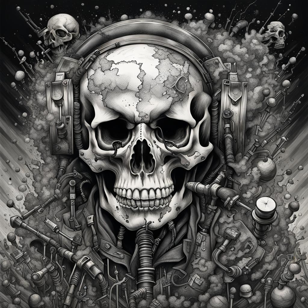 Exploding Skull: Black and White Oil Painting with Steam