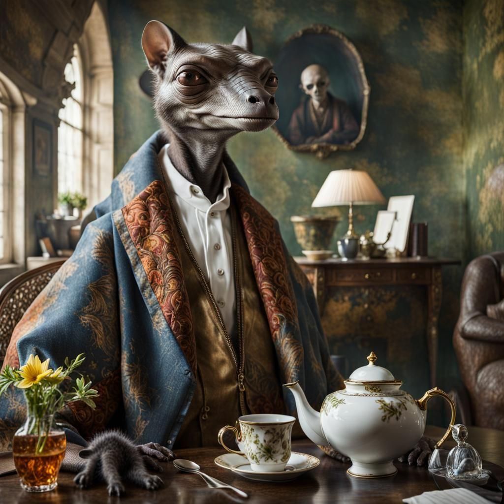 Surreal Alien Celebration in Restaurant: Detailed Digital Ar...