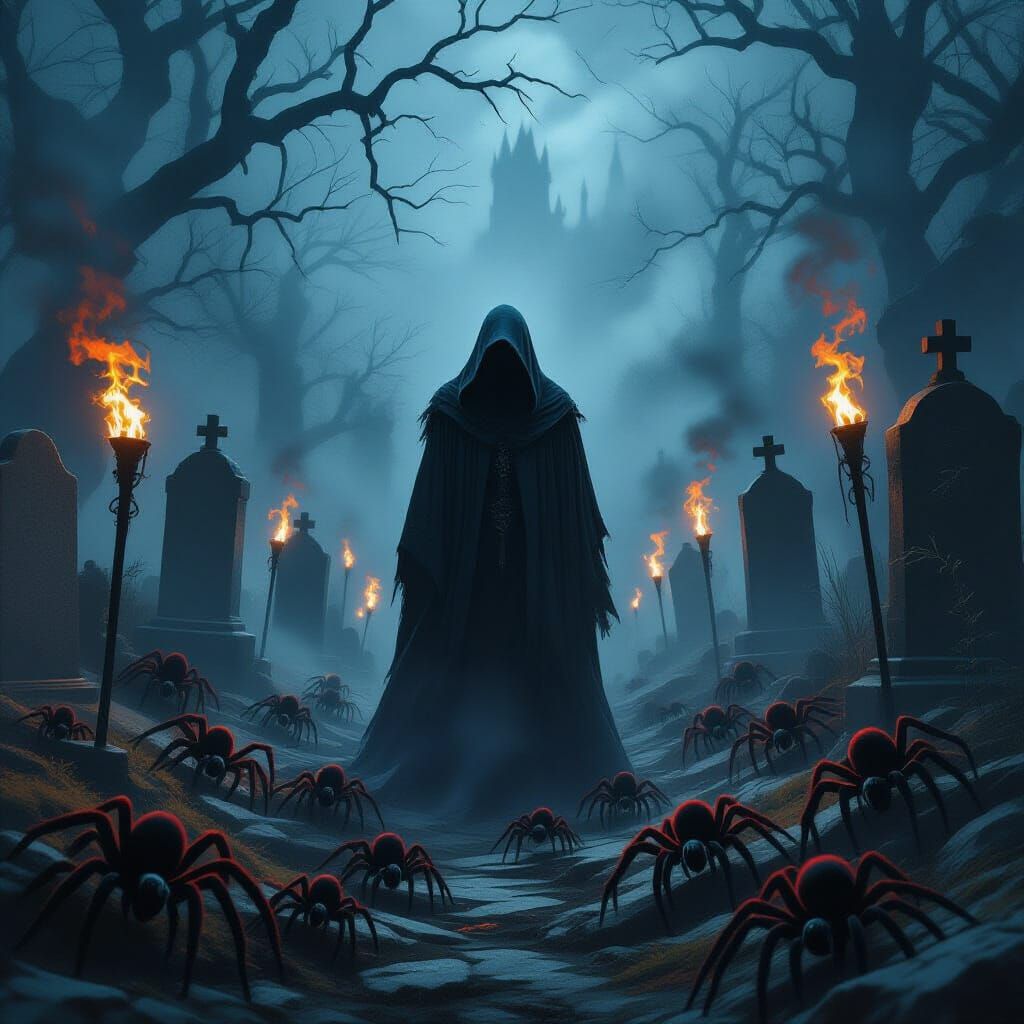 Mysterious Hooded Figure in Misty Graveyard with Tarantulas