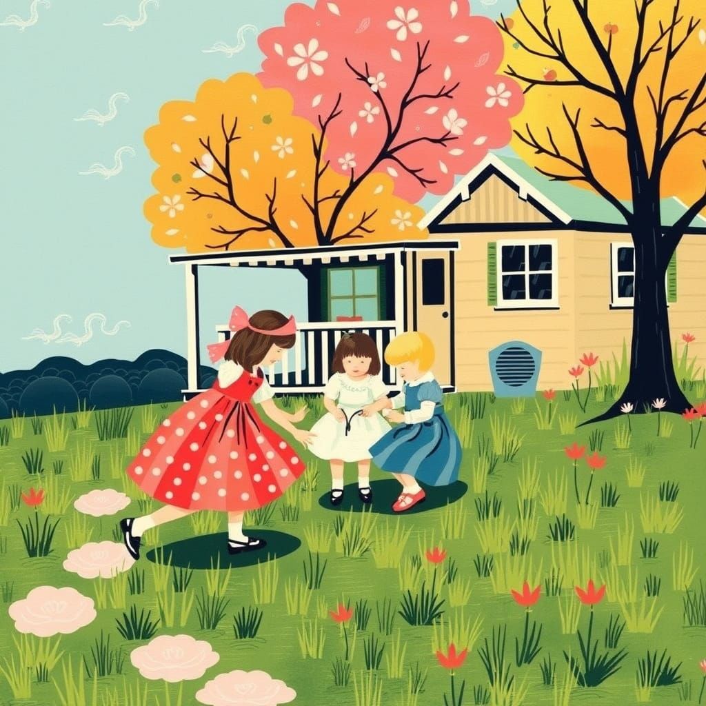 Retro Children's Folk Art in Pastel Colors