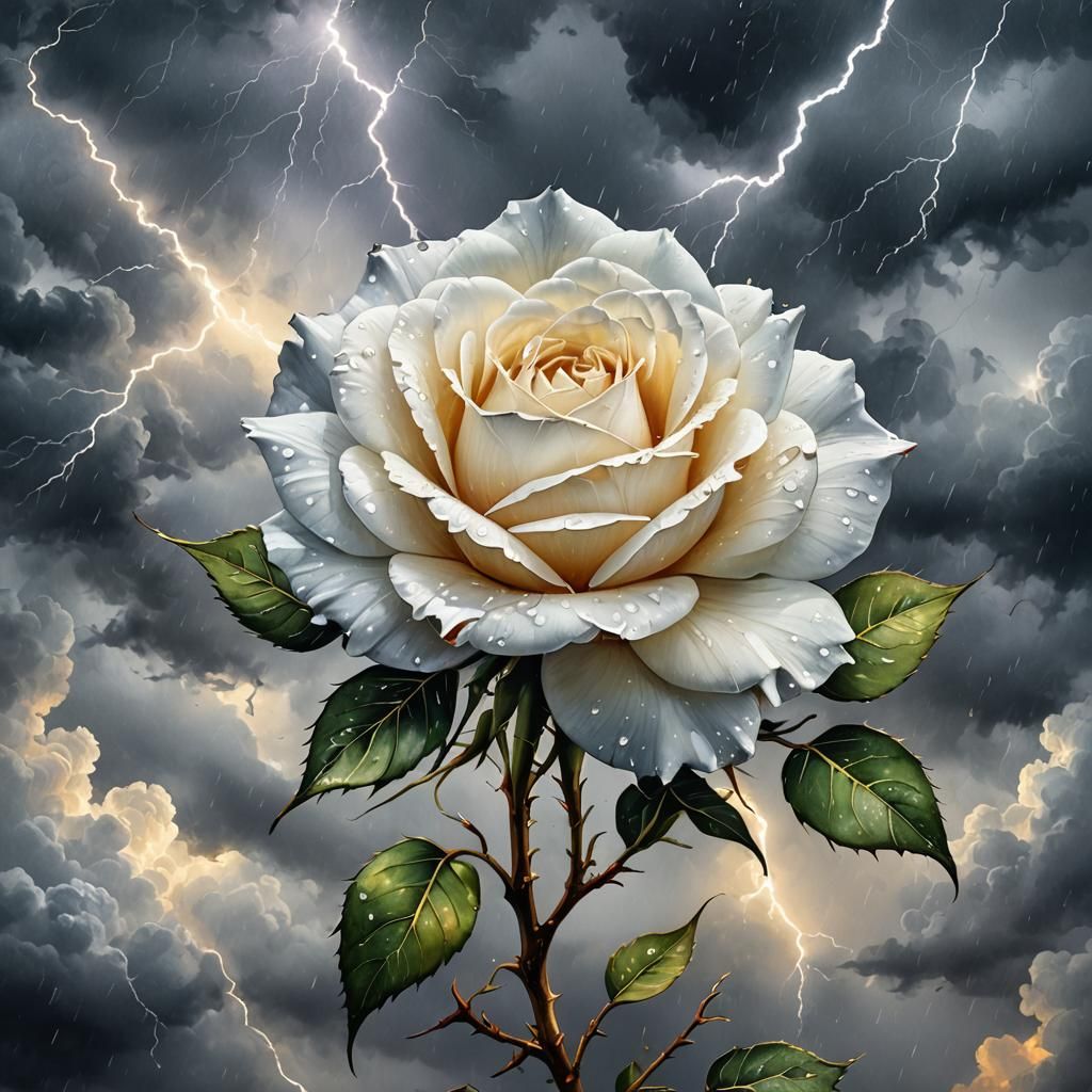 White Rose Watercolour with Stormy Sky and Kintsugi