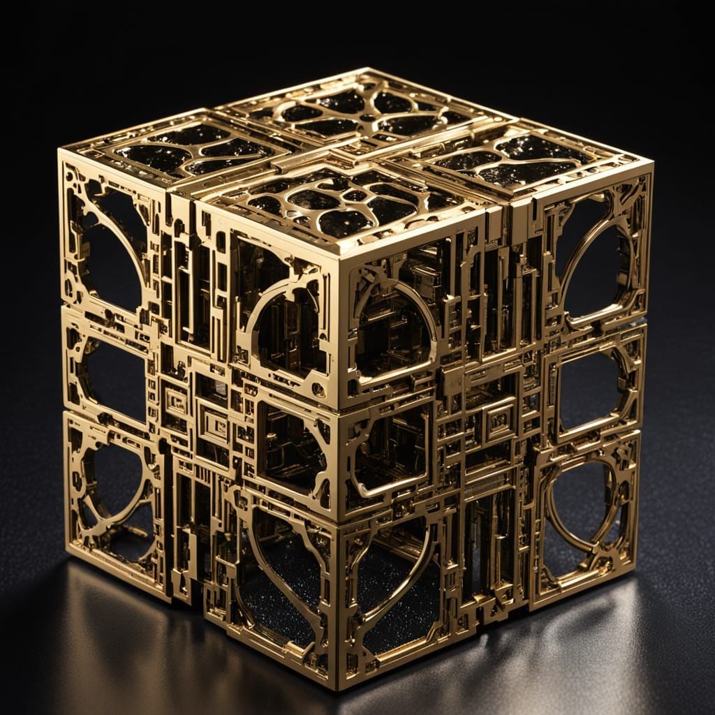 Menger Sponge in 3D, Hammered Schwarz Gold with Shimmering L...