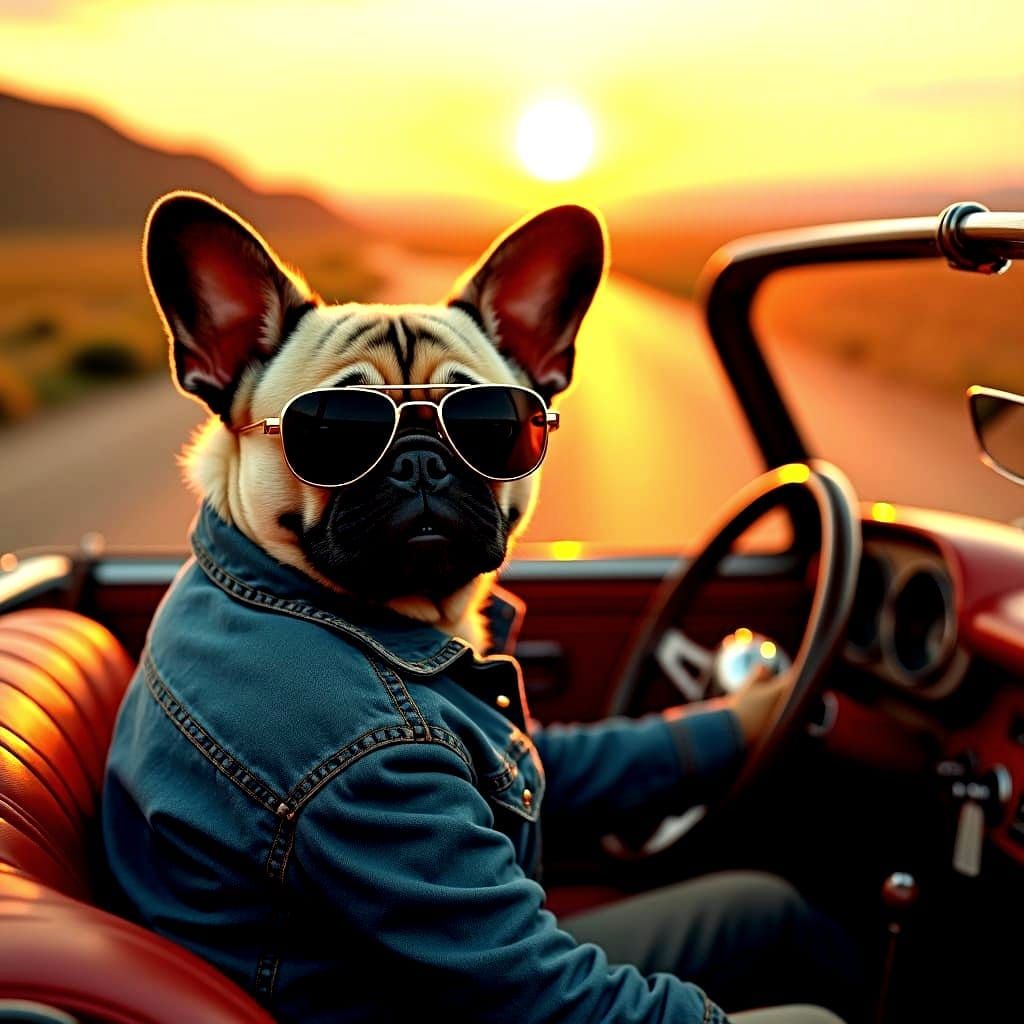 Pug in Sunglasses Driving Car, Digital Painting