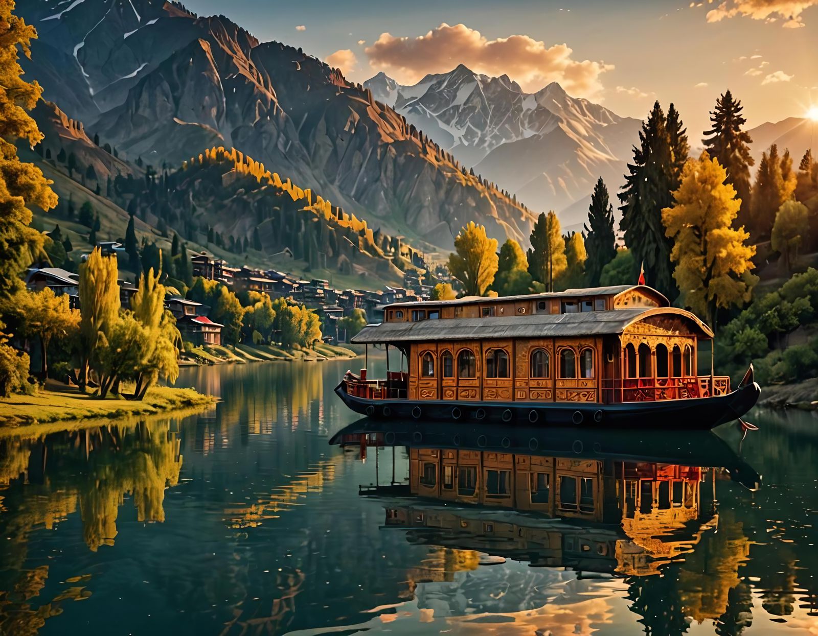 Cozy Kashmir Houseboat at Sunset on Lake: 8K