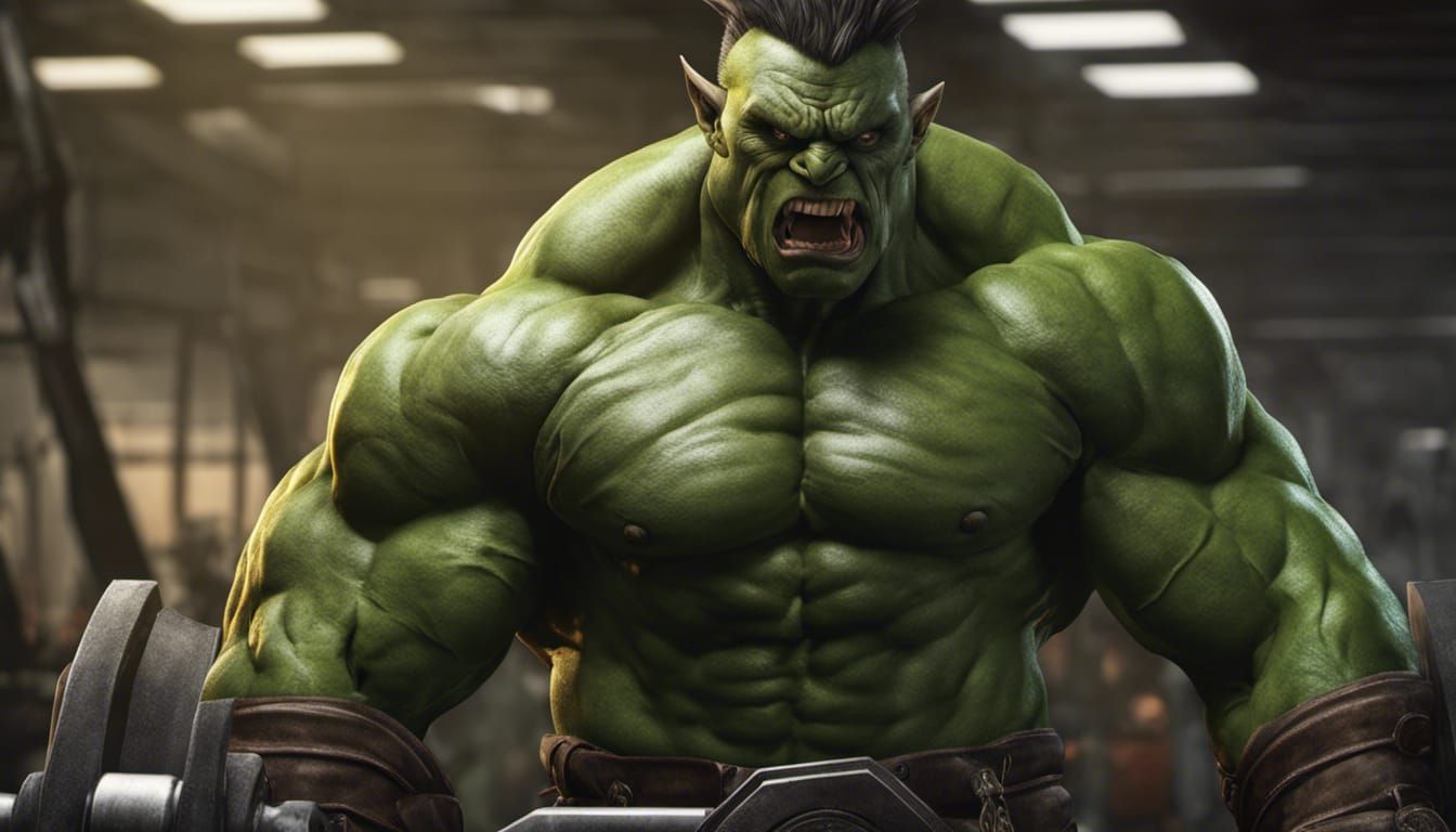 Orc Bodybuilder Flexing Massive Muscles in Gym