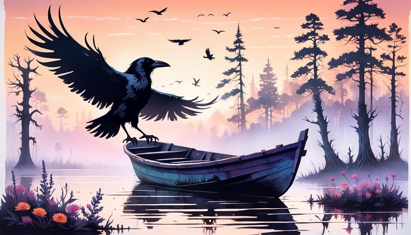 Mysterious Raven Amidst Twisted Cypress and Wildflowers
