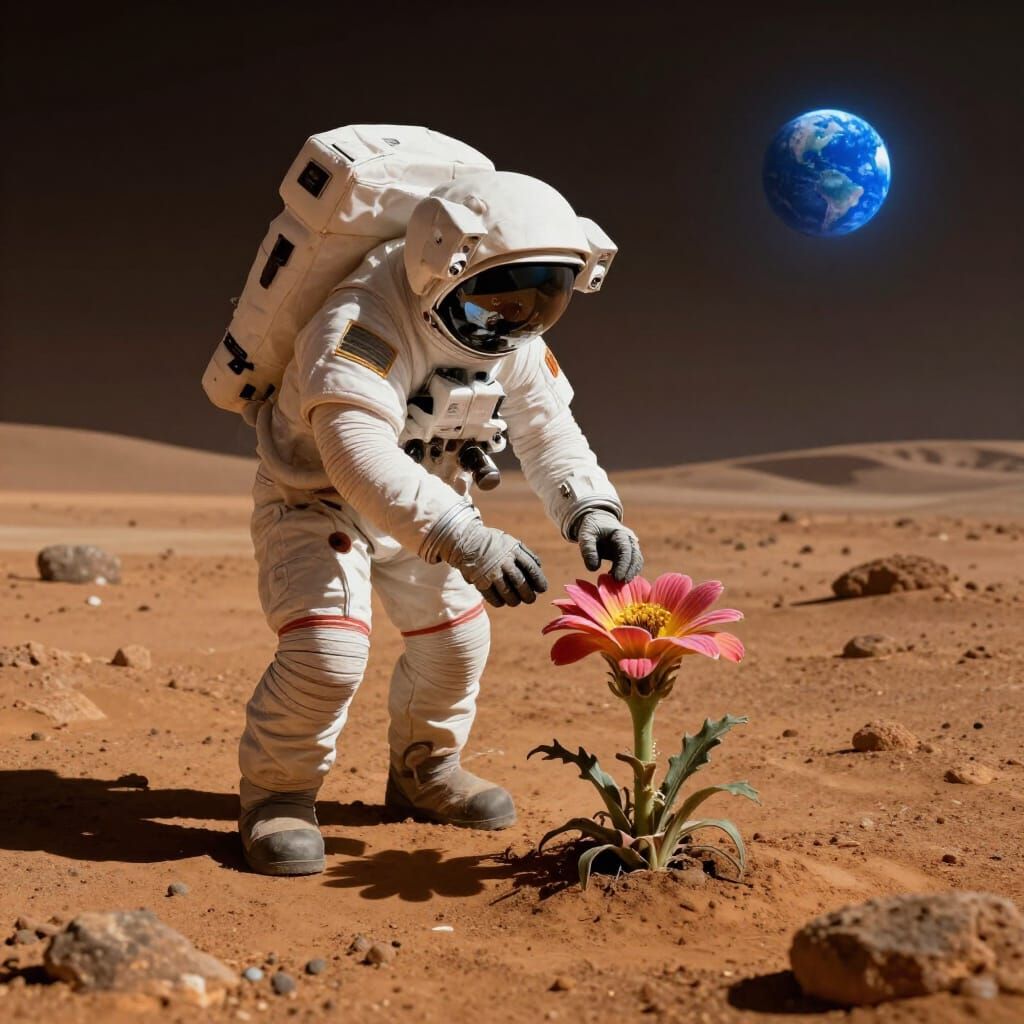 Astronaut Plants Alien Flower on Mars, Earth in Sky