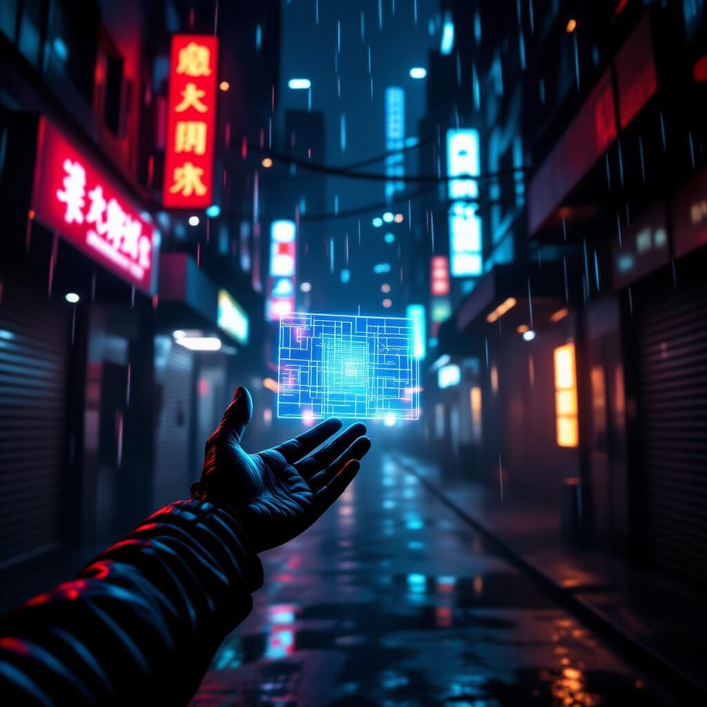 Cyberpunk Hand Holds Holographic Map in Neon Alley