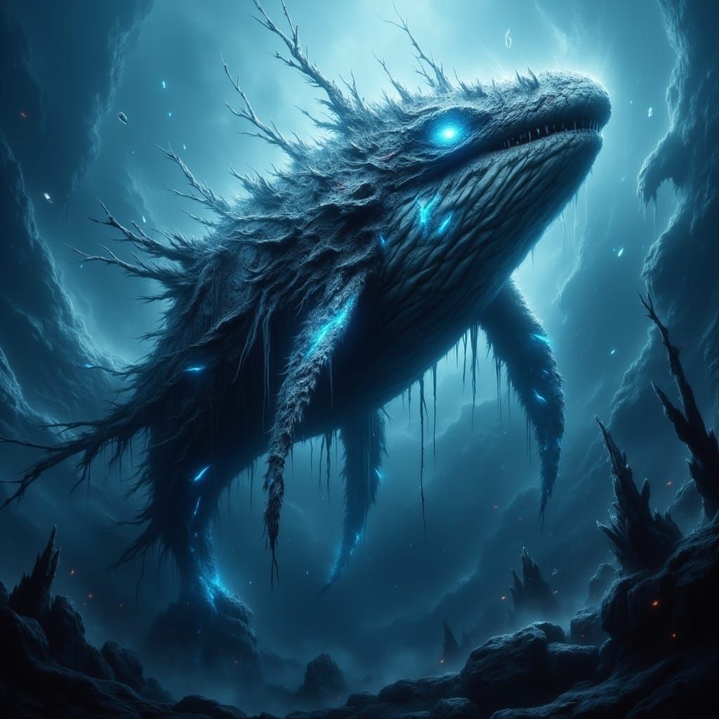 Whimsical Underwater Storm Whale in Cyberpunk Style