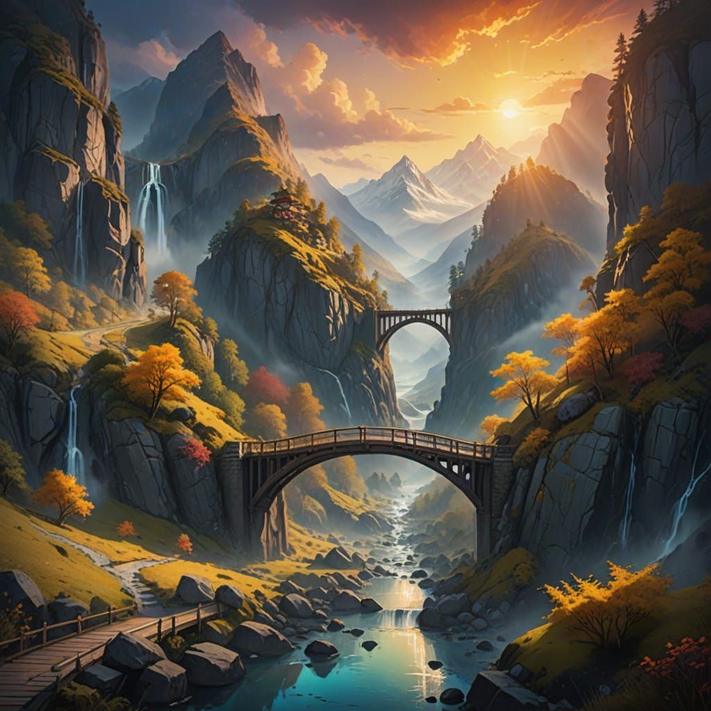 Majestic Fantasy Bridge in the Mountains