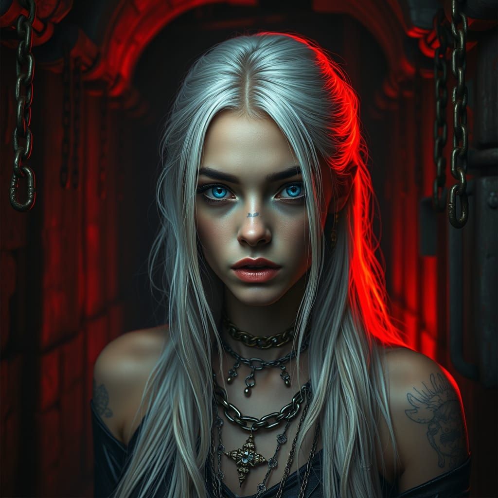 Ethereal Dungeon Maiden in a Dimly Lit Chamber