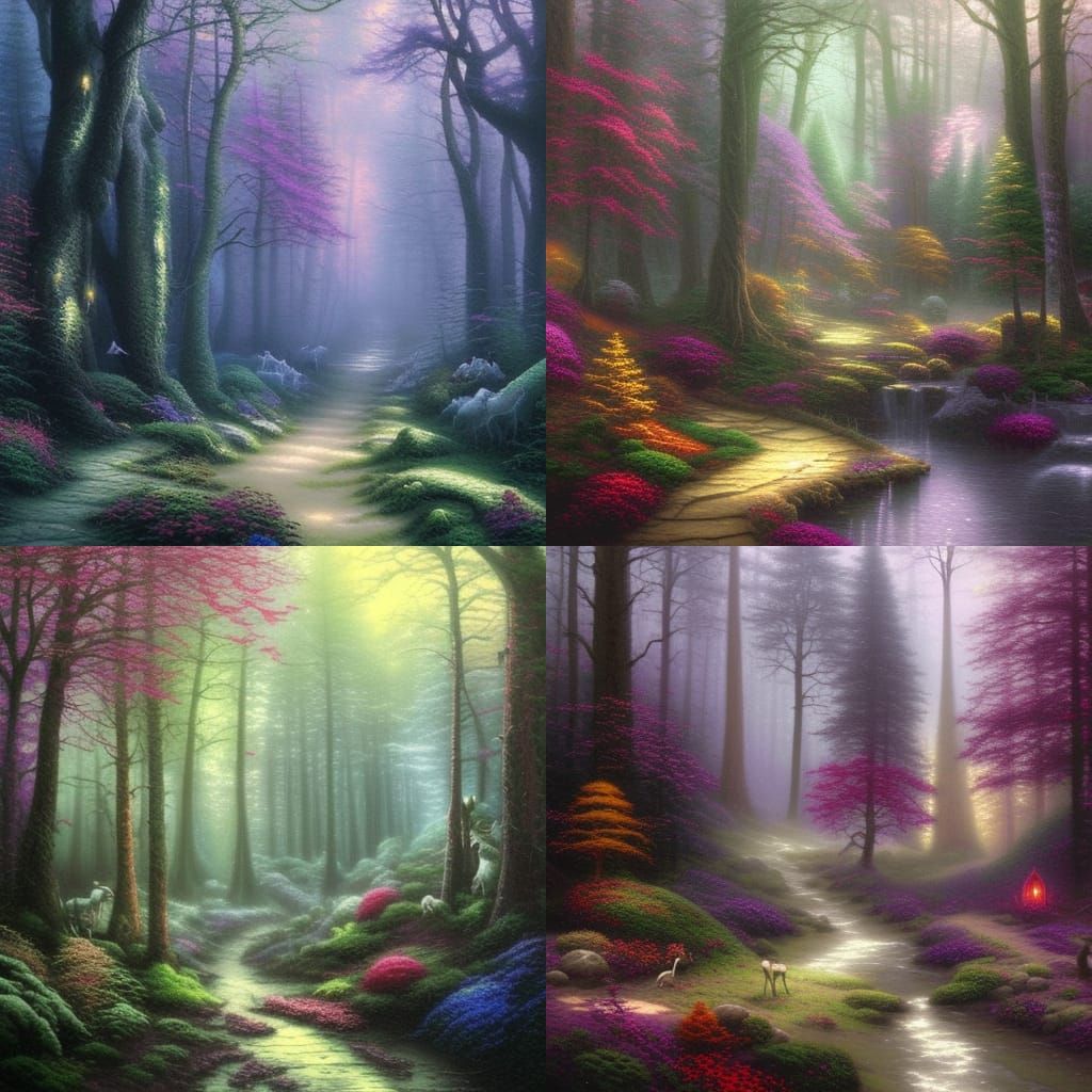 Ethereal Dark Fantasy Forest in Kinkade Style