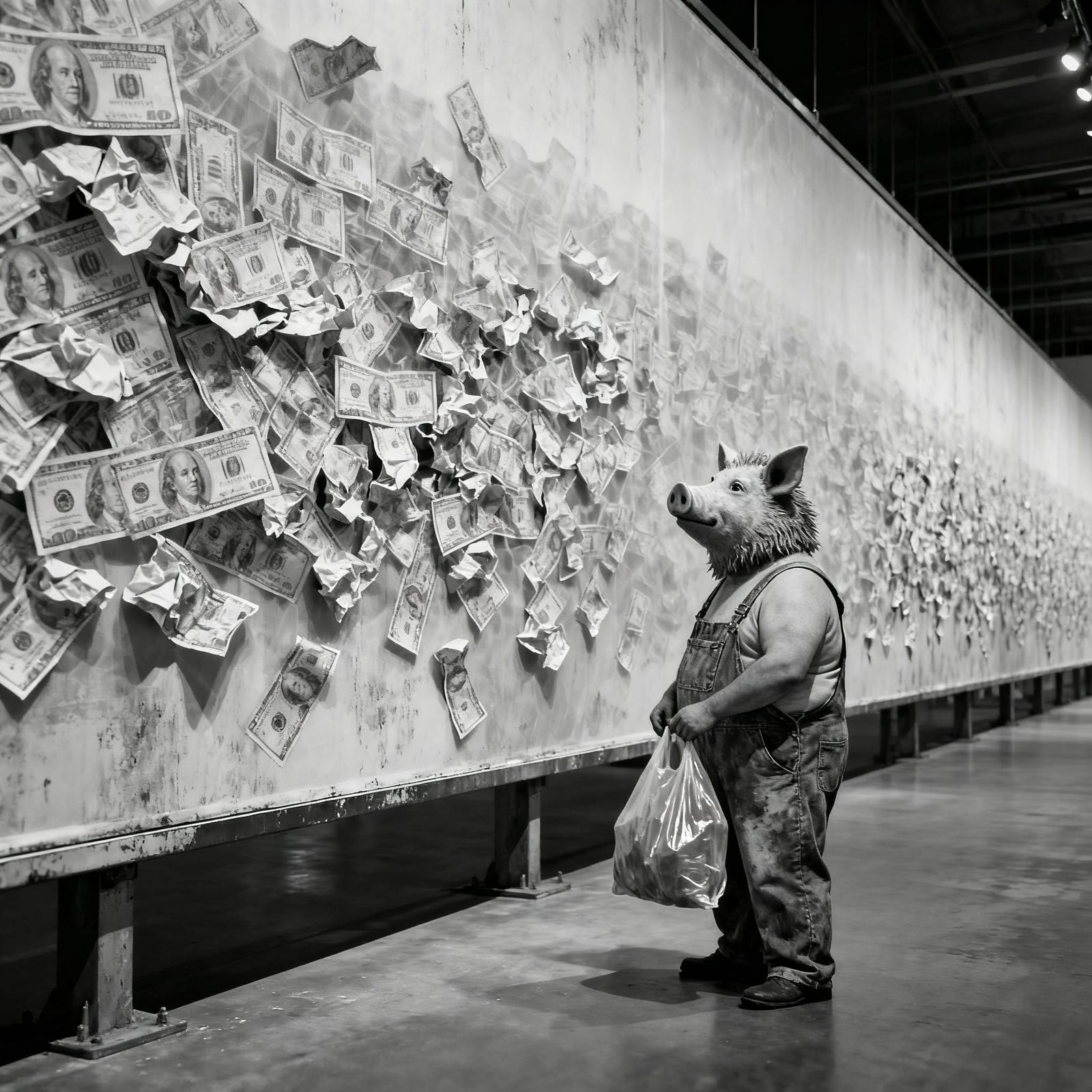 Pig-Headed Man Gazes at Endless Money Billboard
