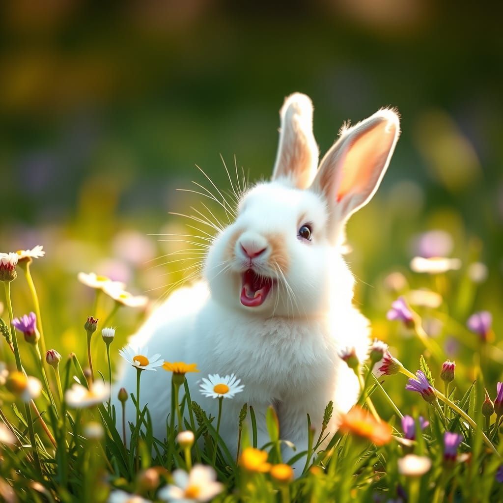 Laughing Bunny in Meadow, Golden Hour Photography