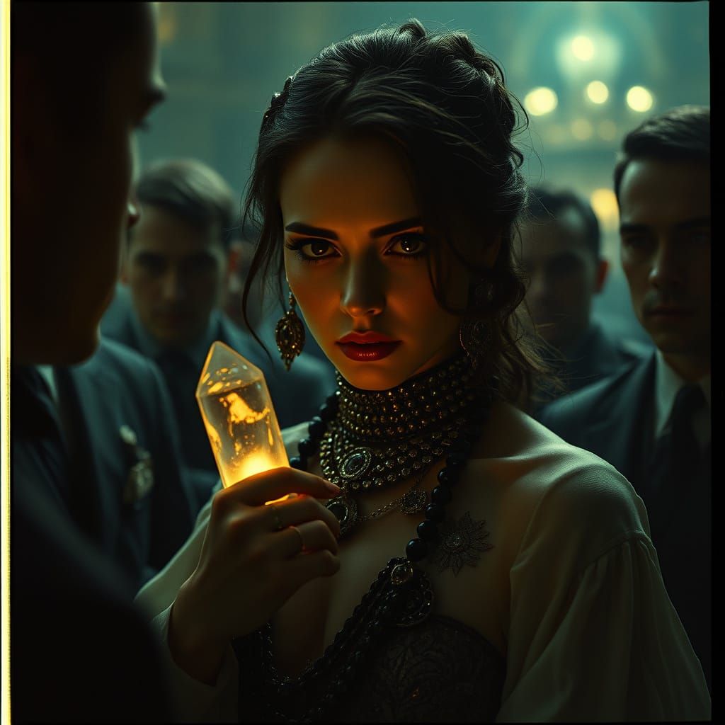 Mysterious Woman Adorned with Jewels in Film Still