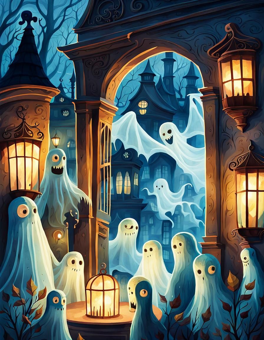 Ghosts' Ball: A Whimsical Folk Art Illustration