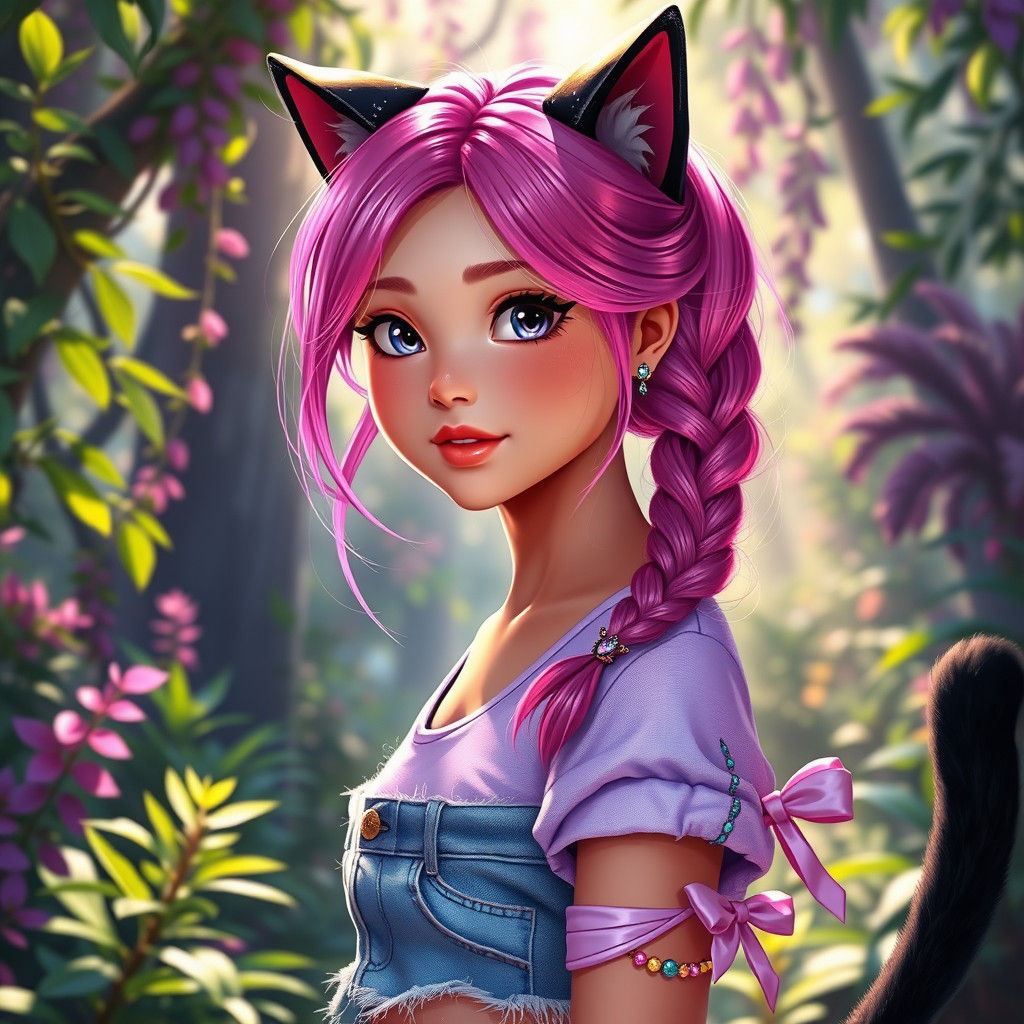 Girl with Cat Ears in Whimsical Forest, Digital Art