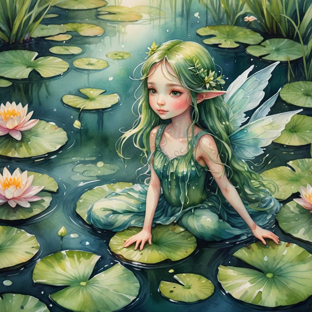 Whimsical Water Sprite on Lily Pad in Watercolor