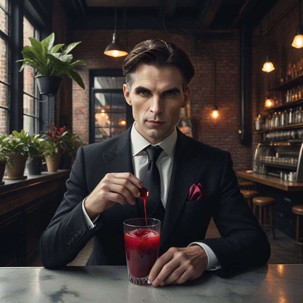 Elegant Vampire Sips Artisanal Blood in Trendy Café
